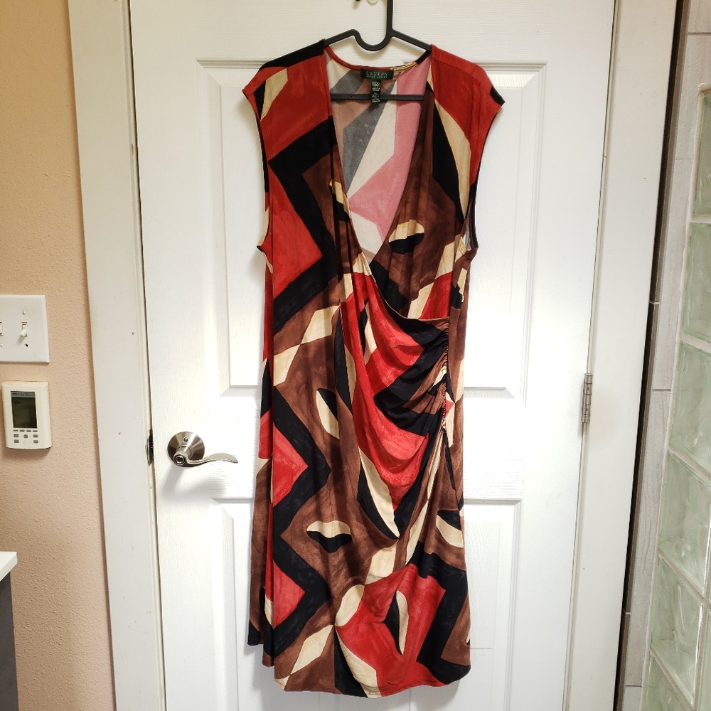 Lauren Ralph Lauren Brown Red Geometric Ruched Sleeveless Midi Dress